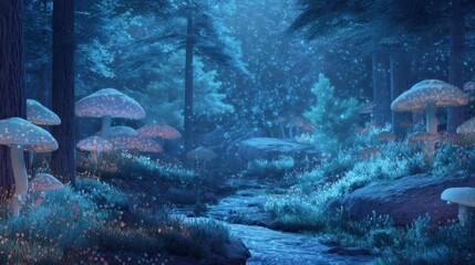 Enchanted forest with glowing mushroom and flowing stream at night. Fantasy landscape with magical light. Mystical scene for storybook illustration.