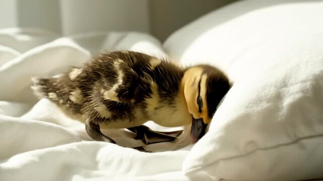Cute duckling resting on soft bed linen. Adorable fluffy baby duck asleep in comfort. Farm animal, newborn bird, springtime, Easter concept.