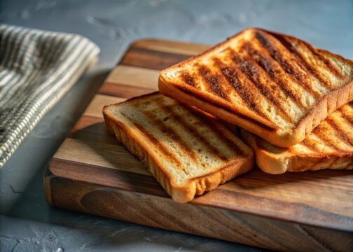 Toasted bread slices on wooden board on white background