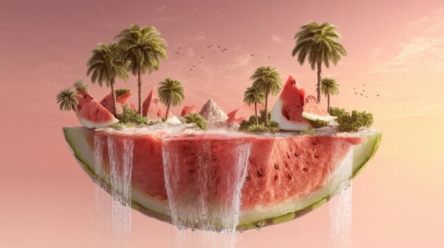 Floating watermelon island with palm tree and waterfall. Surreal summer landscape for tropical and holiday concept.