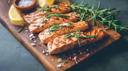 Grilled salmon fillet with lemon and rosemary on wooden board. Healthy seafood meal for nutrition and diet concept. Delicious cooked fish for dinner background.