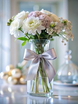 Delicate silver bow tied around a glass vase with fresh flowers
