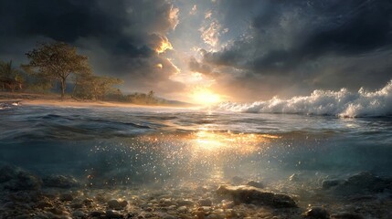 Surreal underwater beach scene with reversed horizon golden light dreamy ocean landscape fantasy seascape reflection illusion atmospheric sky water background