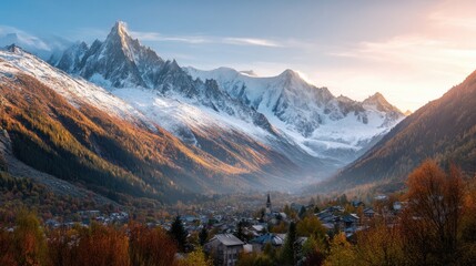 Scenic overview of a charming mountain town nestled in an autumn valley with snow capped peaks at sunset. Alpine landscape. Travel and nature concept.