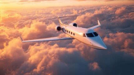 Private jet flying high above the clouds at sunset. Luxury travel and business class transportation concept for executive journey.