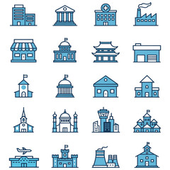 Architecture and City Building Duotone Line Icon Set. Modern Real Estate, Government, Healthcare, Industry, and Religious Landmark Pictograms. Blue and White Vector Collection.