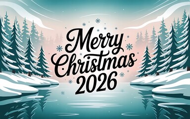 Bright icy winter forest with smooth snowy landscape and reflective water featuring a clean Merry Christmas 2026 message