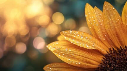 Yellow sunflower petals with glistening water drops. Close up view of a vibrant flower showing freshness and natural beauty. Concept for nature and spring.