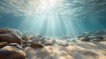 Underwater view of riverbed with clear water, sun rays penetrating surface, and sand with rocks at bottom. Nature background.