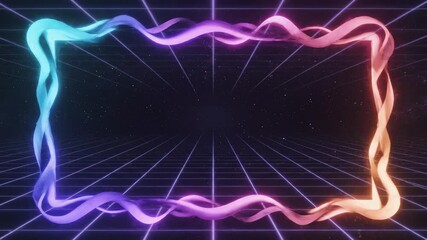 Neon glowing cubes and lines create a futuristic tunnel. Cyberpunk retro wave background for virtual reality or gaming. - Powered by Adobe