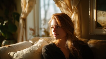 Young woman with red hair sitting on a couch, bathed in warm sunlight, looking away with a thoughtful expression. Concept of peace, cozy home, relaxed living.