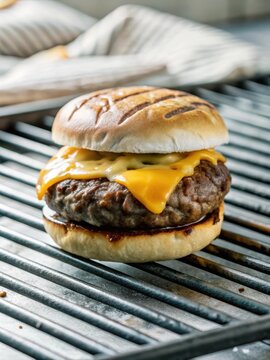A juicy burger patty on a toasted bun with melted cheese and toppings