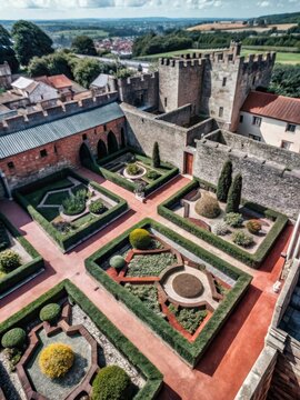 Garden surrounded by ancient walls and historic structures from above