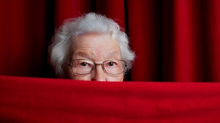 Elderly woman with glasses peering over a red curtain, with a playful and curious expression captured.