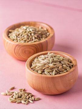 Close-up of Indian spice fennel seeds in wooden bowls on gray background