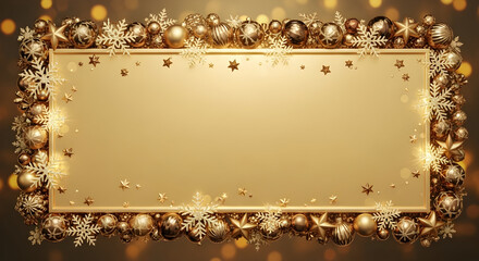 Elegant golden Christmas frame with festive ornaments and sparkling bokeh background.