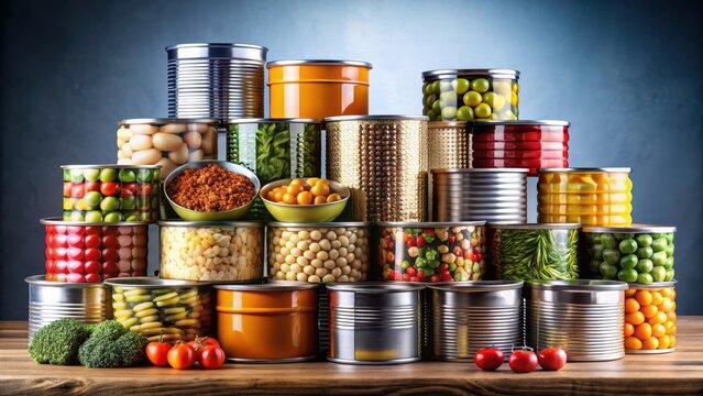 Tasty canned food arranged artfully on a plain background