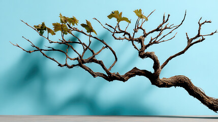 Unique branch off beaten path showcases intricate textures and vibrant green leaves against serene blue background