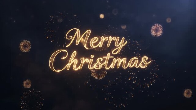 Elegant Merry Christmas typography revealed by golden fireworks and sparkling embers in a dramatic night sky