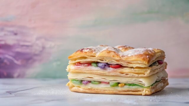 Flaky pastry layered in a watercolor background with soft pastel hues and vibrant colors