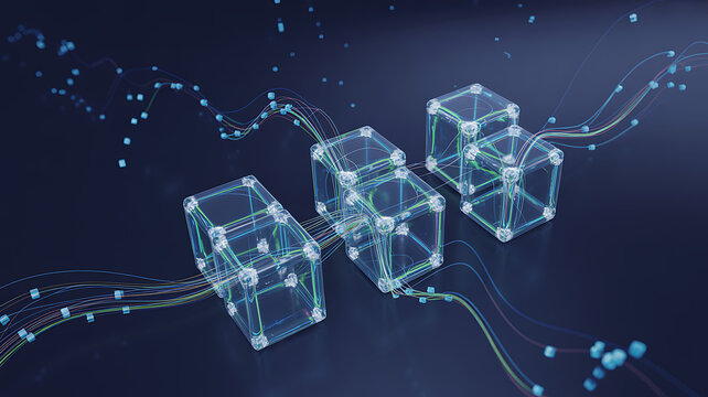 Modern blockchain technology connecting digital data cubes, showcasing secure network, futuristic technology, and decentralized systems for innovative solutions