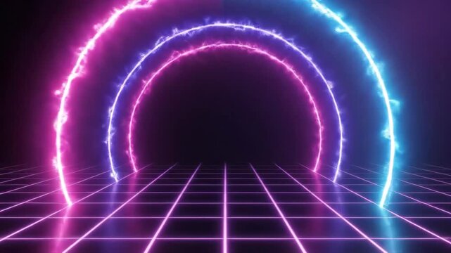 Neon arc tunnel with light grid floor. Futuristic digital landscape. Retro synthwave portal or gateway. Abstract geometric virtual background.