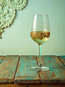 Elegant glass of white wine on a rustic wooden table with intricate carvings and aged patina