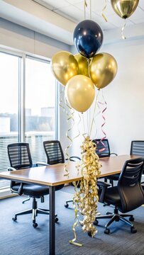Decorated Office with Balloons and Streamers