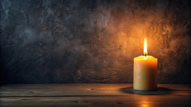 Softly glowing flame of a candle on a darkened wall