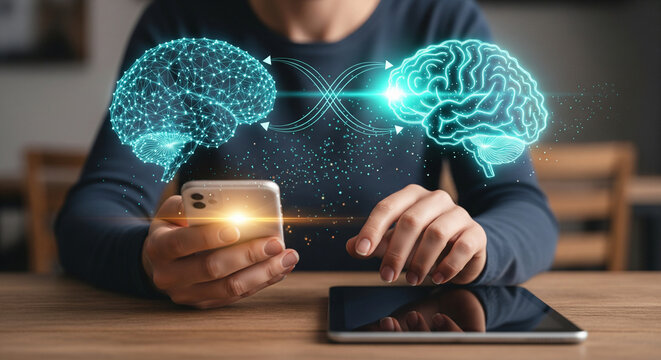 Advanced digital brain interaction technology visualized through futuristic holographic intelligence transfer between neural networks using smartphone and tablet devices