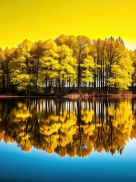 Reflections of a lush forest scene are visible in the calm waters of a serene spring lake