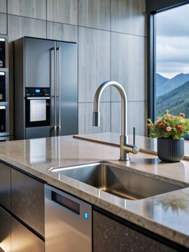 Modern kitchen sink with touchless faucet and smart refrigerator in a futuristic setting