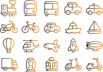 Collection of various transportation icons, including train, car, boat isolated on white background