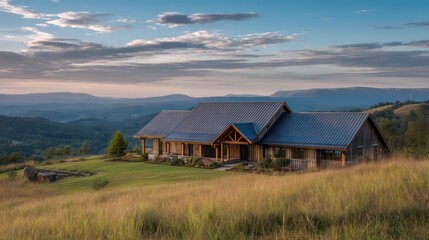 Obraz premium A cozy farmhouse with a metal roof and wooden accents surrounded by rolling hills The sky is clear