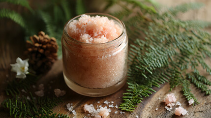 Himalayan pink salt scrub in glass with scattered foliage