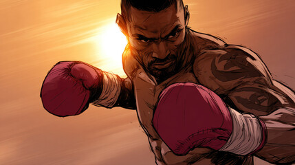 Powerful muay thai fighter trains in gym in Chiang Mai, showcasing strength and determination as sun sets behind him