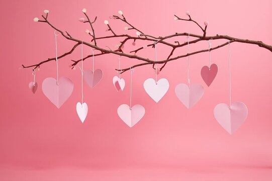 Paper hearts hanging on a branch