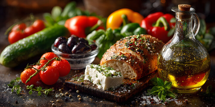 Dash flexitarian mediterranean diet ingredients on a dark background , healthy, vegetarian, Mediterranean, fresh