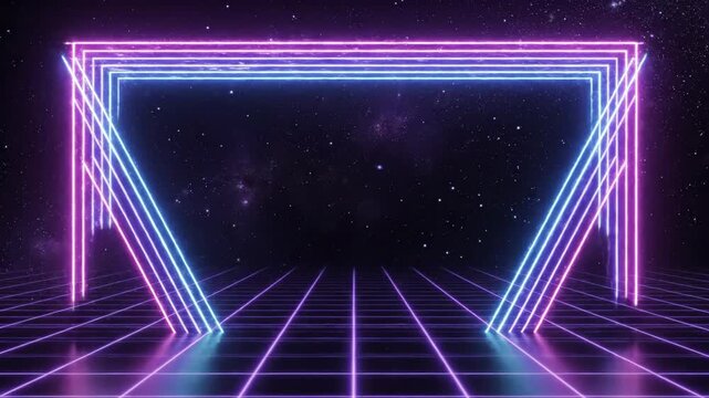 Retro sci-fi background with glowing grid and neon laser beams. Futuristic synthwave concept for virtual reality display or gaming.