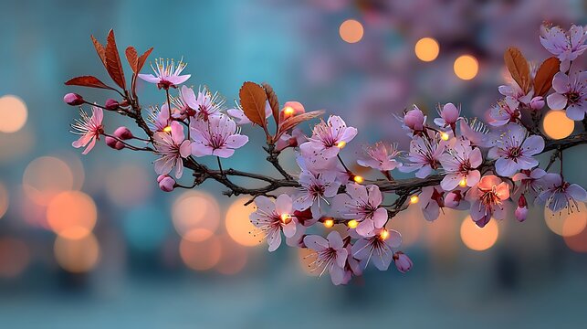 Delicate Pink Cherry Blossoms with Twinkling Lights and Bokeh Background pink flowers