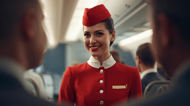 Smiling Flight Attendant in Red Uniform Welcomes Passengers Aboard, Professional Airline Service in Airplane Cabin