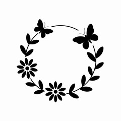 Elegant Black and White Floral Wreath with Butterflies for Invitations and Decorations a Simple Silhouette Design