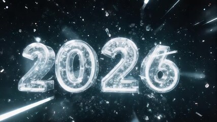 2026 in glowing, icy numerals against a dark starry background with light beams - Powered by Adobe