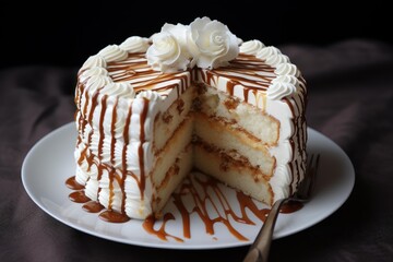 Vanilla cake with caramel sauce drizzling over white frosting, a slice removed from the dessert