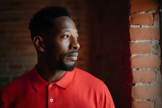 Pensive african american man gazes out of a brick framed window in contemplation