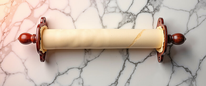 Torah scroll parchment resting on a marble surface in natural light  