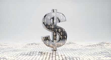 A gleaming chrome dollar sign stands amidst a sea of glowing binary code, symbolizing digital finance, cryptocurrency, and technological wealth.