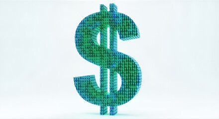 A vibrant 3D dollar sign, filled with glowing green and blue binary code, stands against a clean white background, symbolizing digital finance, cryptocurrency, and technology.