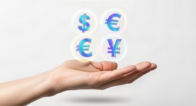 A human hand holds up four glowing digital currency symbols, representing global finance, investment, and online transactions. Clean white background.