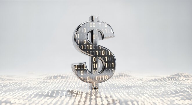 A gleaming chrome dollar sign stands amidst a sea of glowing binary code, symbolizing digital finance, cryptocurrency, and technological wealth.